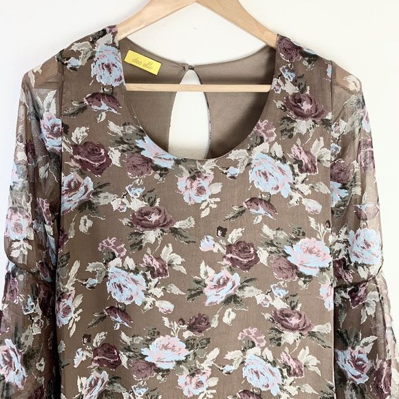 Dee Elle Shift Dress Medium Brown Floral Print Flared Bell Sleeve Crochet Boho M - Picture 5 of 8